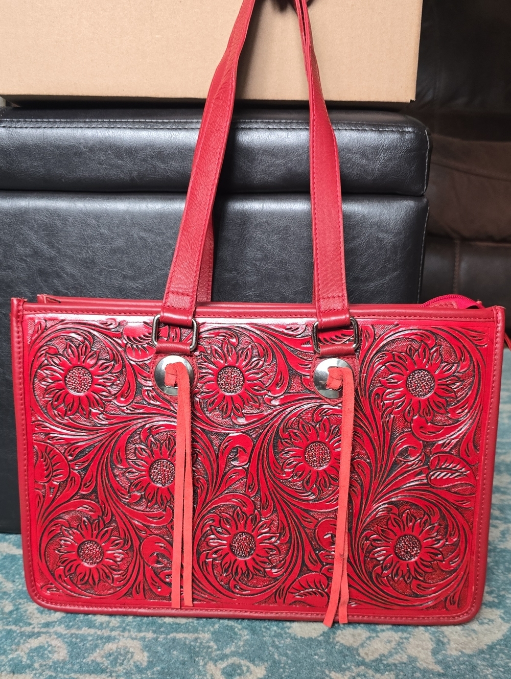 Red Floral Tooled Leather Tote Bag